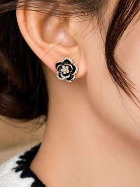 Black and Gold Floral Crystal Stud Earrings